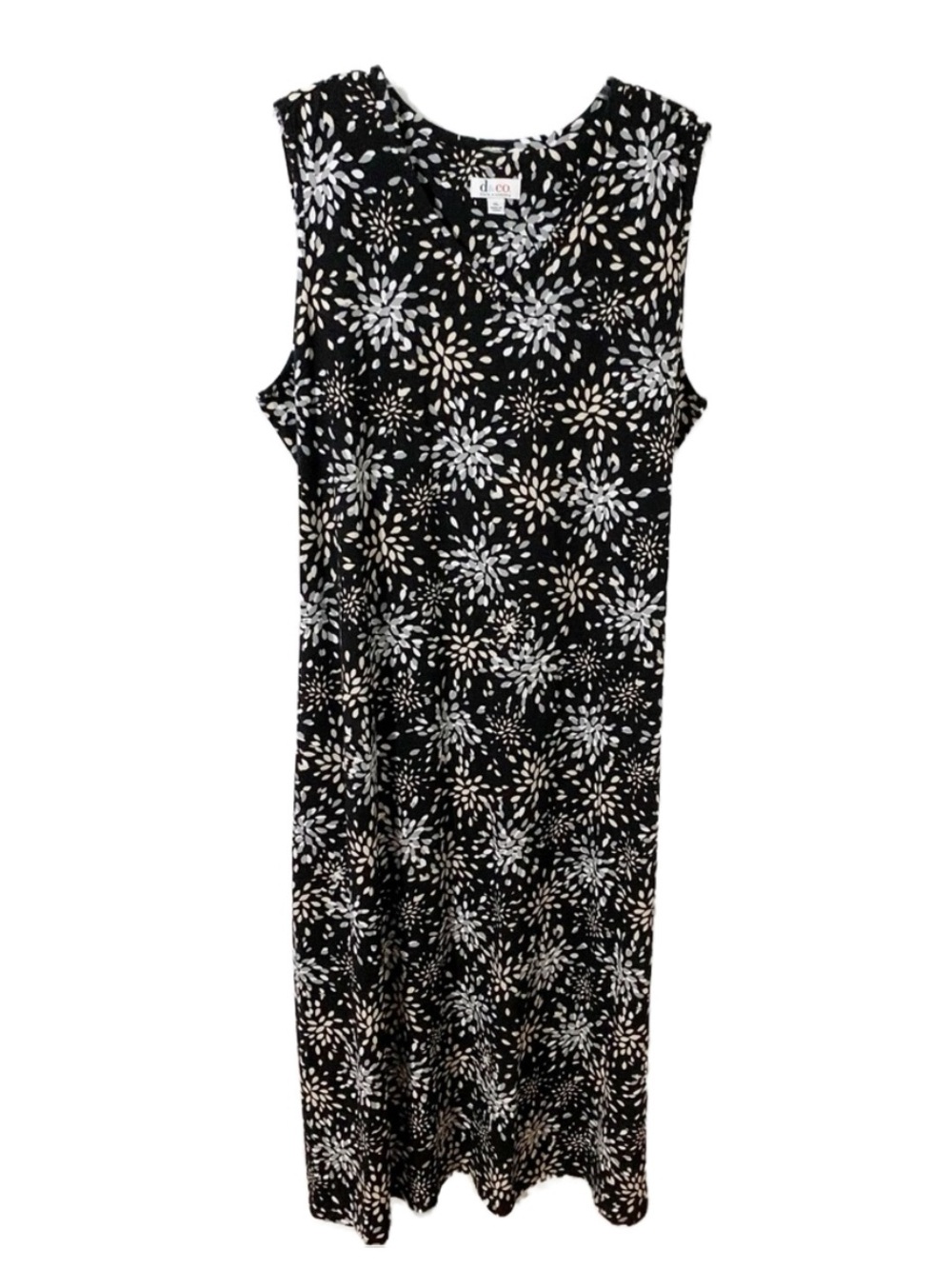 D & Co Denim and Company Cotton Spandex Maxi Dress Abstract Floral Tie Back ⚫️⚪️